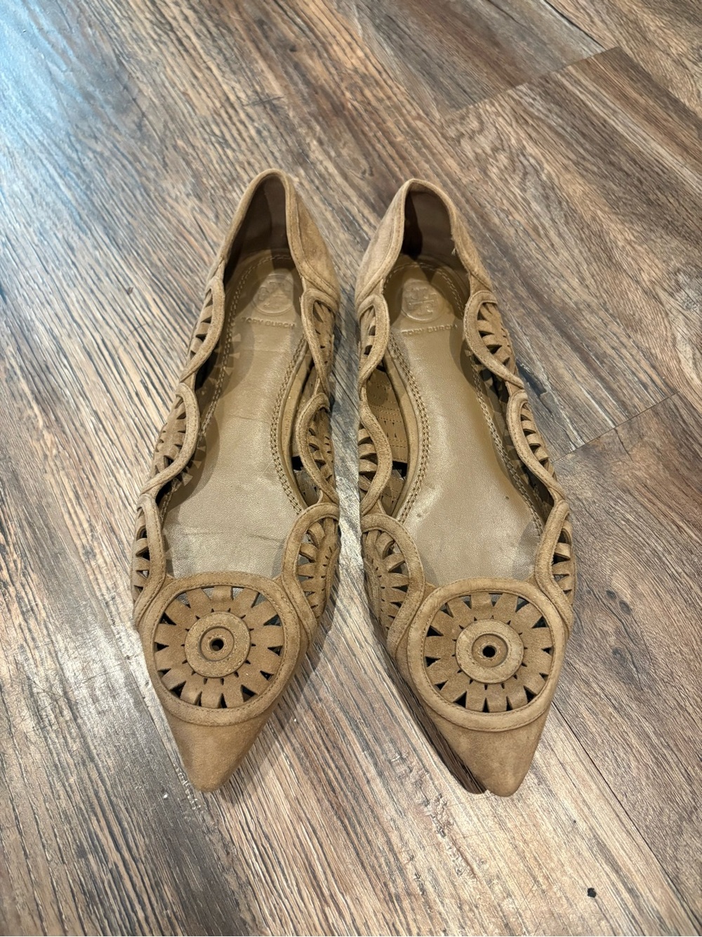 Tory Burch Pointed Toe Laser-Cut Flats in Tan